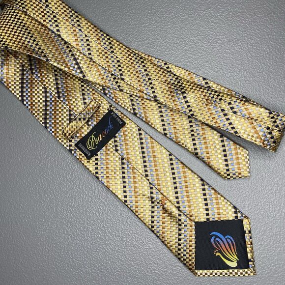 PEACOCK Tie 100% Pure Silk Hand Made Striped Square Geometric Gold Blue - Picture 3 of 6